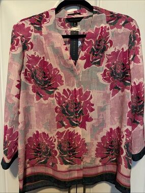 Investments Pink Floral Split-Neck Blouse with Green Accents